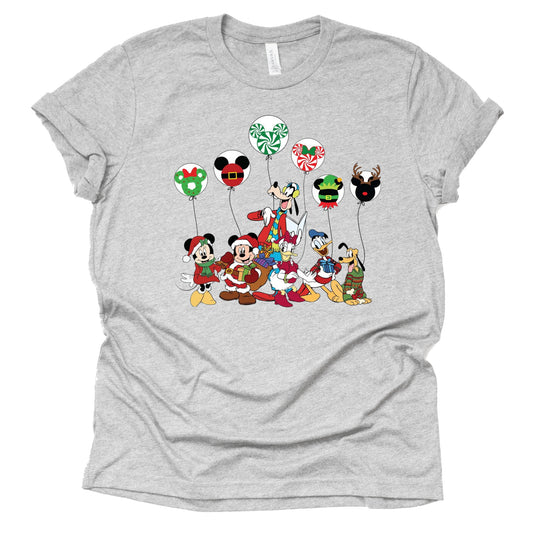 Disney Characters Balloons Christmas Graphic Design Casual Short Sleeve Shirt