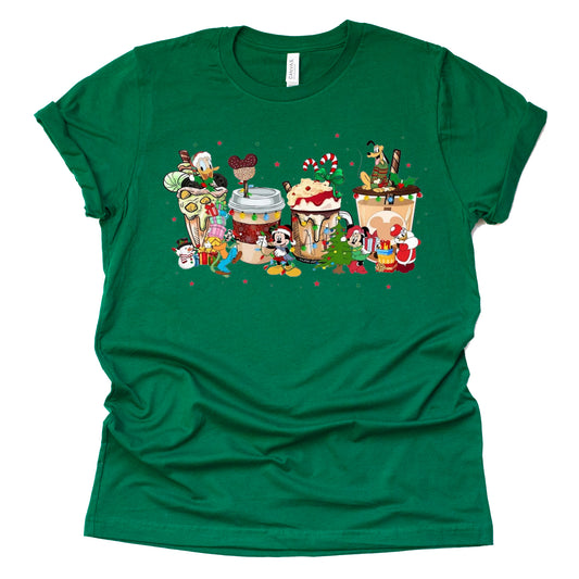 Disney Mickey Merry Christmas Latte Graphic Design Casual Short Sleeve Shirt