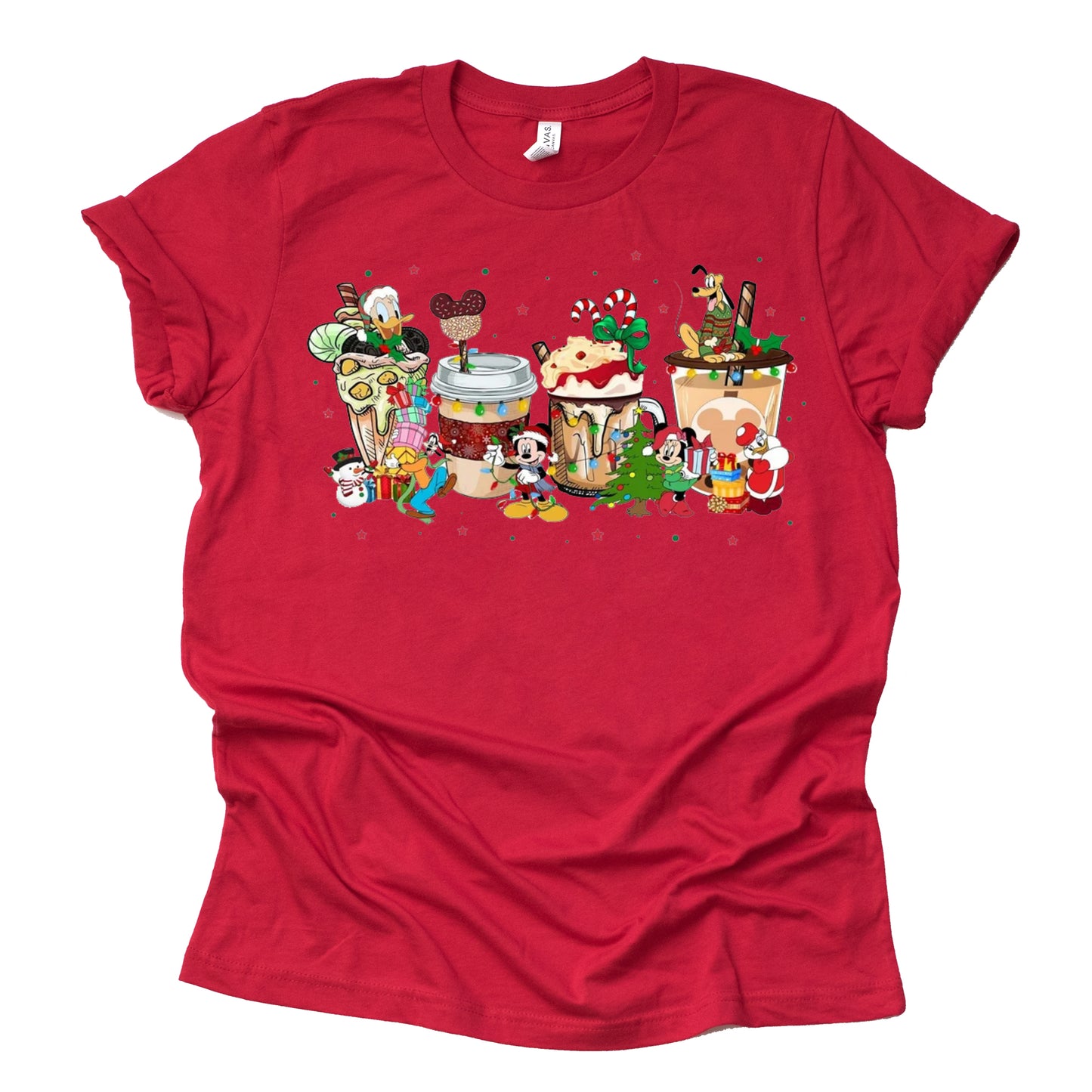 Disney Mickey Merry Christmas Latte Graphic Design Casual Short Sleeve Shirt