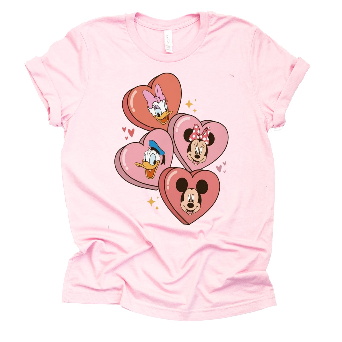 Disney Character Mickey Candy Hearts Valentine Graphic Design Casual Short Sleeve Shirt