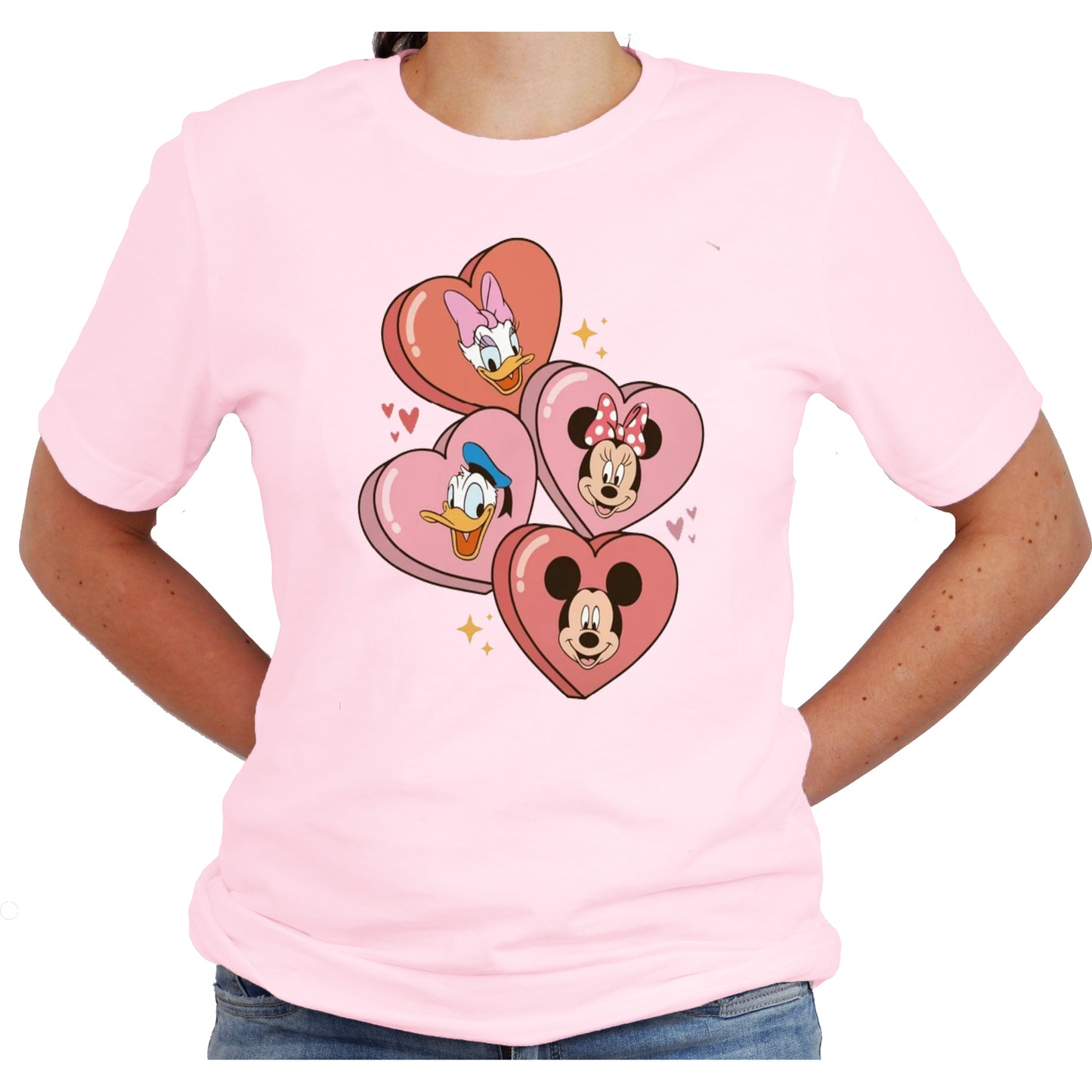 Disney Character Mickey Candy Hearts Valentine Graphic Design Casual Short Sleeve Shirt