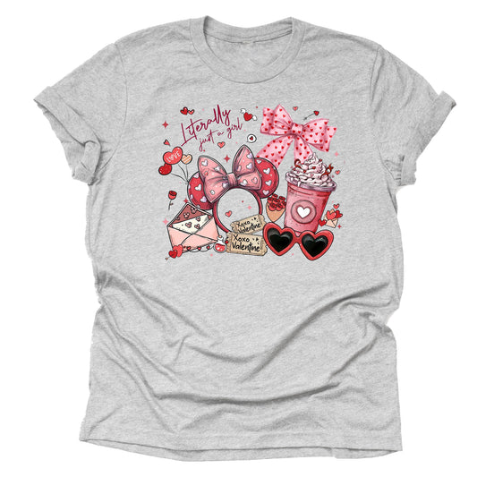 Minnie Literally Just a Girl Valentine Graphic Shirt, Theme Park Orlando Graphic Tee, Cute Unisex Short Sleeve Casual T-Shirt