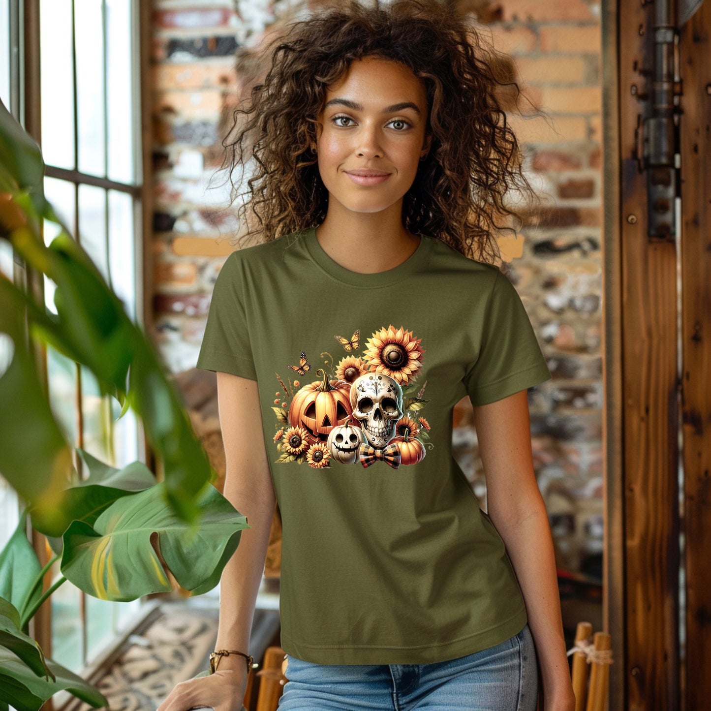 Fall Pumpkin Skull Sunflower T Shirt Cute Flower Graphic Loose Tees Crew Neck Short Sleeve Casual Tops