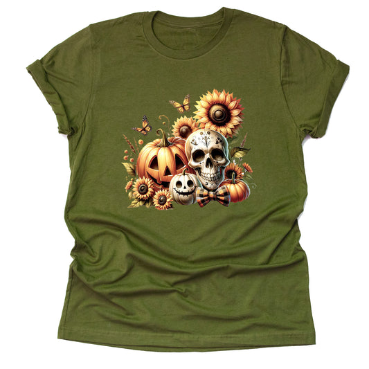 Fall Pumpkin Skull Sunflower T Shirt Cute Flower Graphic Loose Tees Crew Neck Short Sleeve Casual Tops