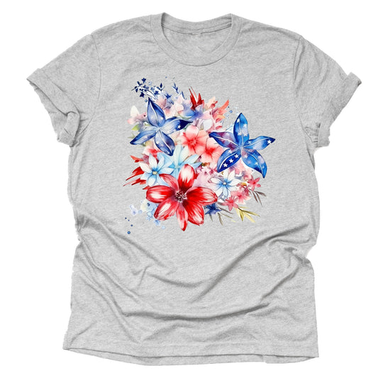 Patriotic Big flowers Bouquet  American Flag Casual Short Sleeve Unisex T-Shirt