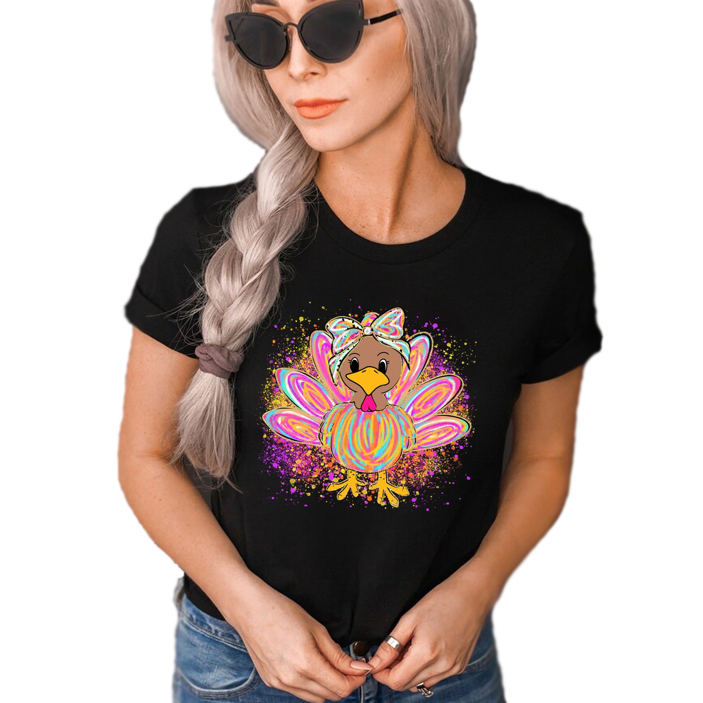 Colorful Girl Turkey, Thanksgiving Day T-Shirt, Short Sleeve Unisex Casual