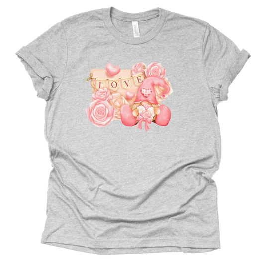 Love Roses Gnome Shirt, Womens Valentines Day Shirt, Hearts Shirt, Unisex Short Sleeve Shirt