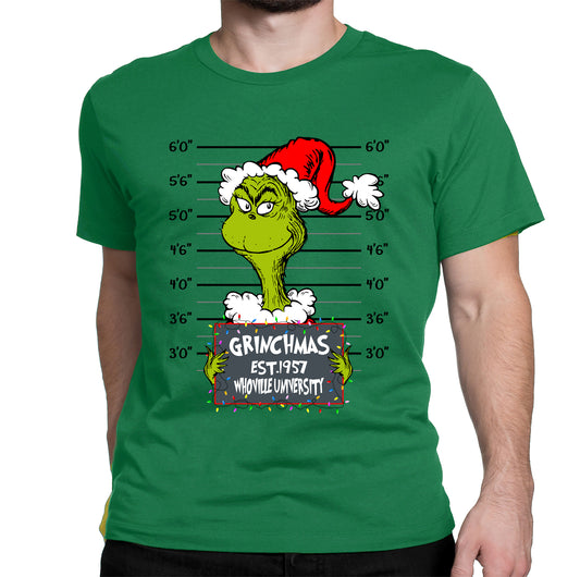 Grinchmas Mugshot 1957 Whoville University Christmas Unisex Casual Short Sleeve Shirt