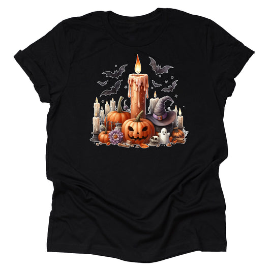 Halloween Candle Shirt | Spooky Graphic Short Sleeve Unisex T-Shirt | Fall Pumpkin Witchy Aesthetic Tee for Adults