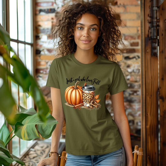 Just a Girl Who Love Fall T Shirt Cute Leopard latte Pumpkin Loose Tees Crew Neck Short Sleeve Casual Tops