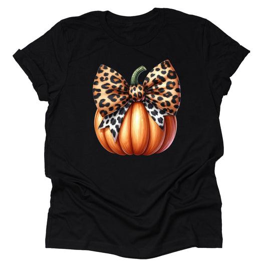 Fall Autumn Leopard Bows Pumpkin T Shirt Cute Flower Graphic Loose Tees Crew Neck Short Sleeve Casual Tops