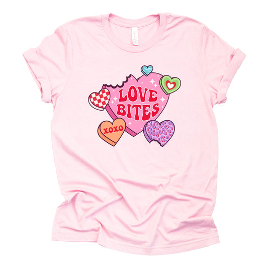 Love Bites Valentine Candy Graphic Design Casual Short Sleeve Shirt