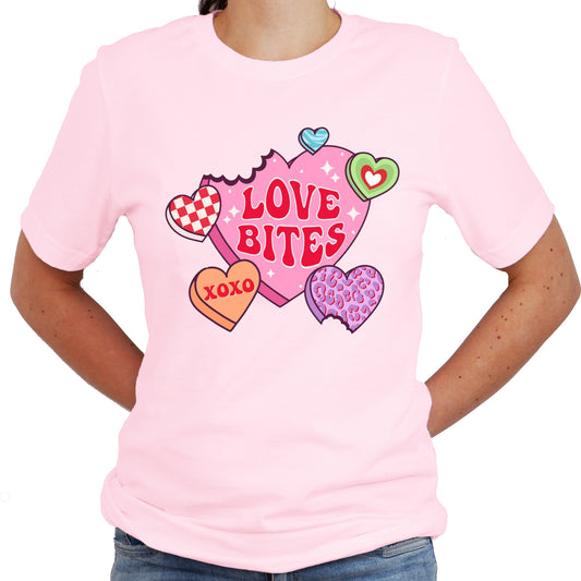 Love Bites Valentine Candy Graphic Design Casual Short Sleeve Shirt