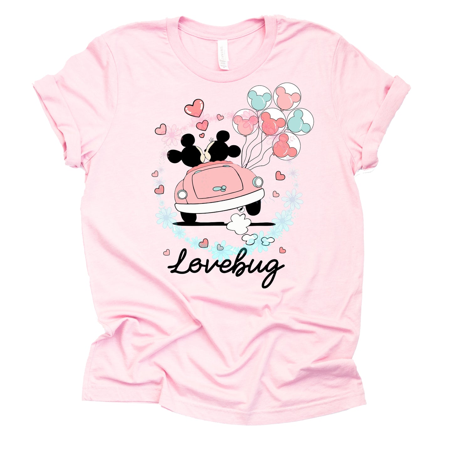 Mickey Minnie Love Bug Valentine Graphic Design Casual Short Sleeve Shirt