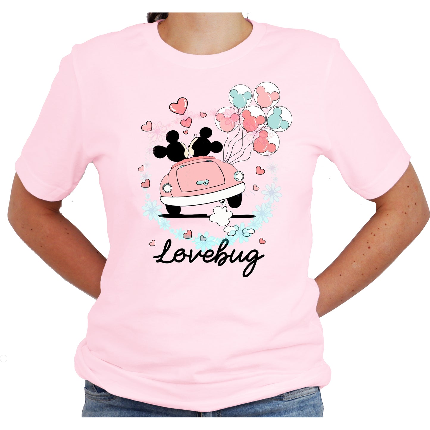 Mickey Minnie Love Bug Valentine Graphic Design Casual Short Sleeve Shirt