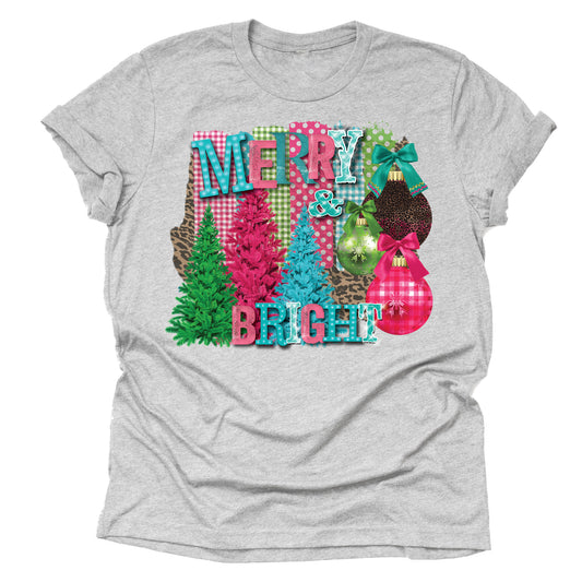 Merry and Bright Christmas T-Shirt, Blue Pink Christmas Shirt, Unisex Short Sleeve Graphic Tees