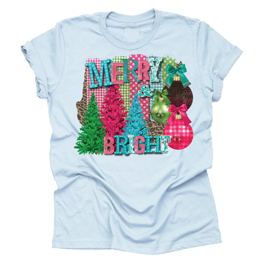 Merry and Bright Christmas T-Shirt, Blue Pink Christmas Shirt, Unisex Short Sleeve Graphic Tees