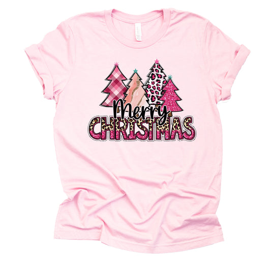 Merry Christmas Pink Leopard Plaid Trees Shirt Graphic Design Casual Short Sleeve Unisex Shirt