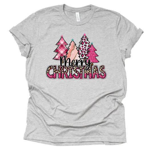 Merry Christmas Pink Leopard Plaid Trees Shirt Graphic Design Casual Short Sleeve Unisex Shirt