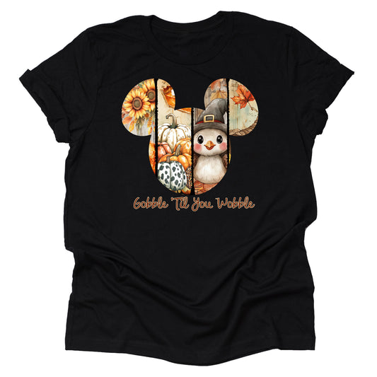 Mickey Gobble Unitl You Wobble T-Shirt – Fall Thanksgiving Graphic Tee, Sunflower-Inspired Unisex Short Sleeve