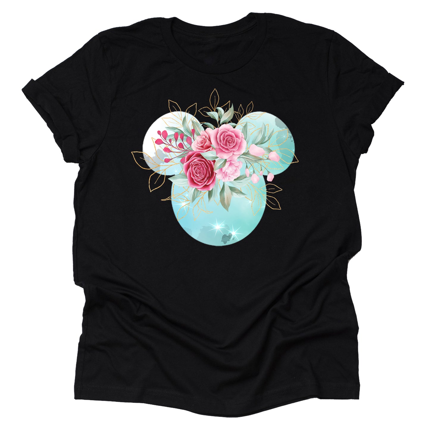 Mickey Ears Pink Flowers with Gold Leaves Shirt Floral Adult Ladies Boho Character Tshirt