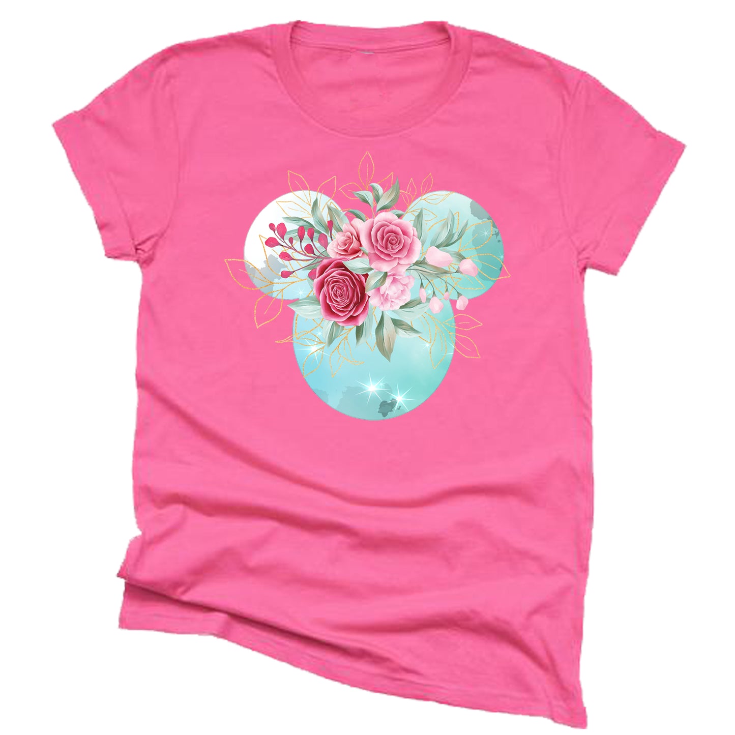 Mickey Ears Pink Flowers with Gold Leaves Shirt Floral Adult Ladies Boho Character Tshirt