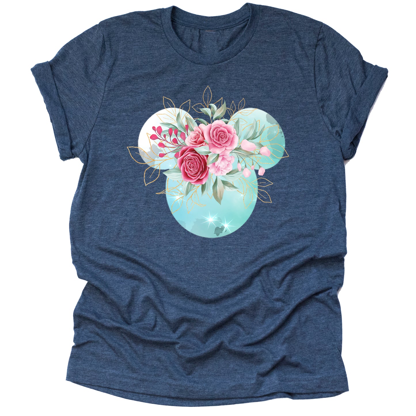 Mickey Ears Pink Flowers with Gold Leaves Shirt Floral Adult Ladies Boho Character Tshirt