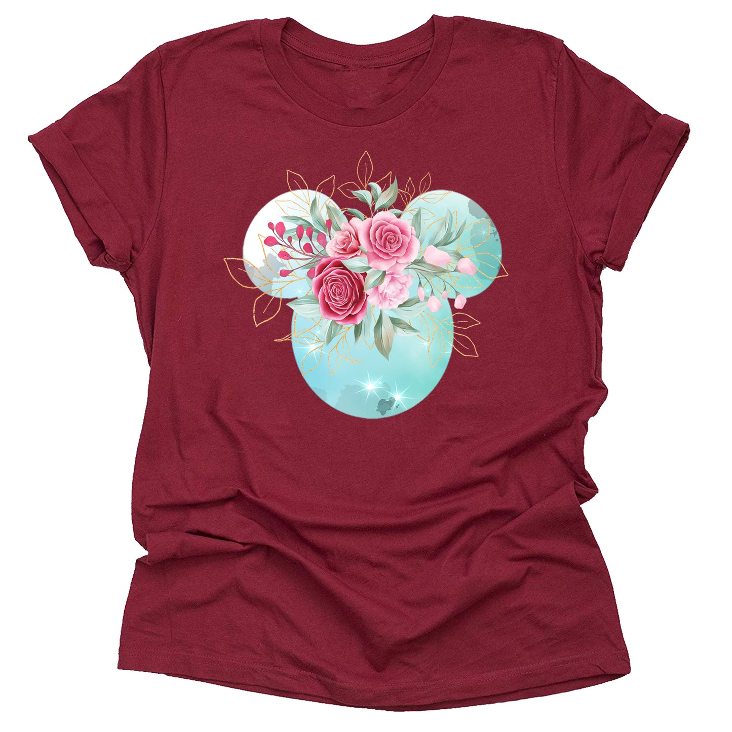 Mickey Ears Pink Flowers with Gold Leaves Shirt Floral Adult Ladies Boho Character Tshirt