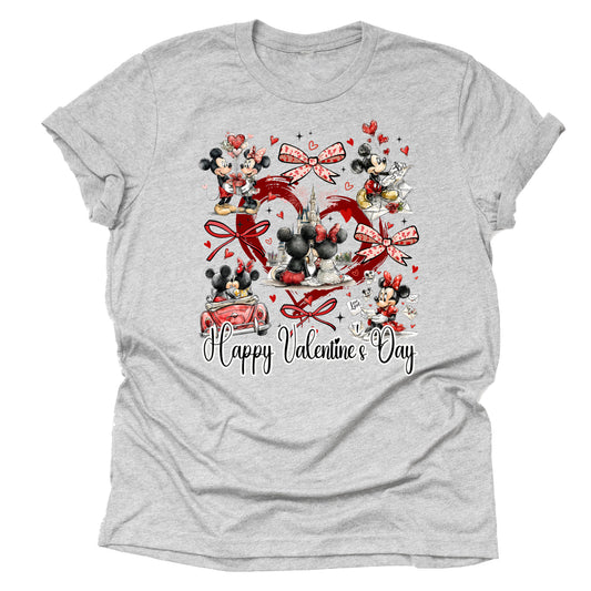Mickey Minnie Bows Happy Valentine's Day Shirt, Theme Park Orlando Graphic Tee, Cute Unisex Short Sleeve T-Shirt