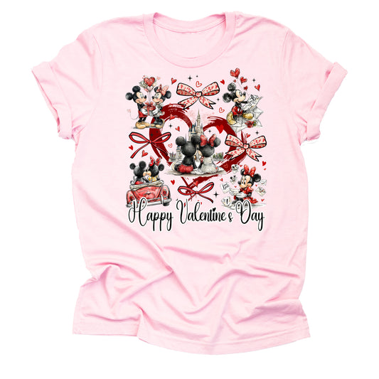 Mickey Minnie Bows Happy Valentine's Day Shirt, Theme Park Orlando Graphic Tee, Cute Unisex Short Sleeve T-Shirt