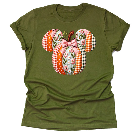 Mickey Minnie Autumn Patchwork Graphic T-Shirt – Short Sleeve Unisex Tee for Fall Outfits" Thanksgiving Fall Harvest