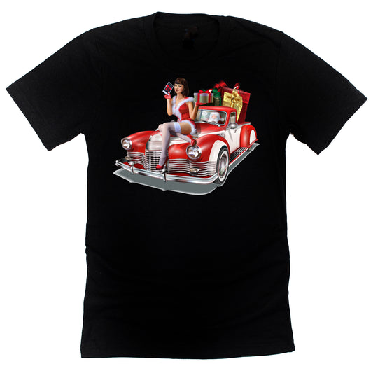 Sexy Christmas Car Shirt for Men, Christmas Shirt for Men Boys, Vintage Pin-up Girl Christmas T-Shirt Graphic Tees