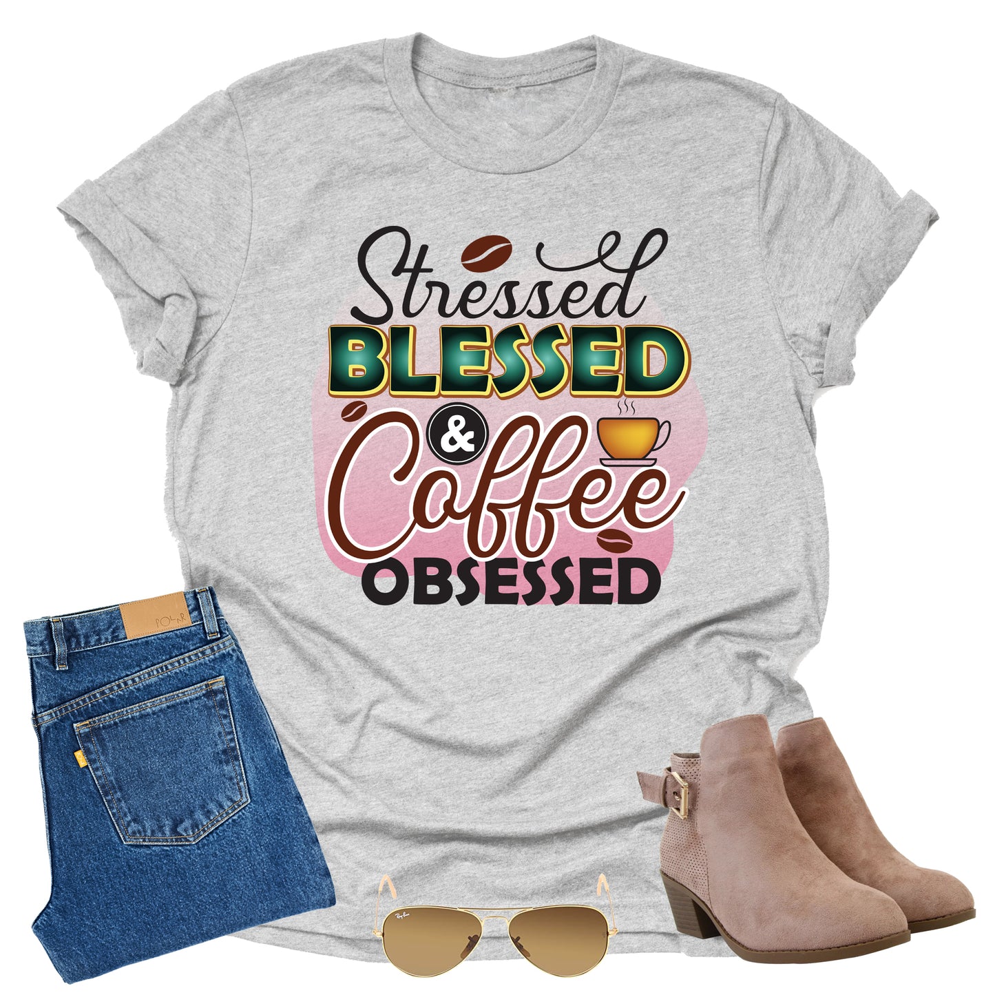 Stressed, Blessed and Coffee Obsessed T-Shirt for Women Letters Print Shirt with Funny Sayings Casual Tops