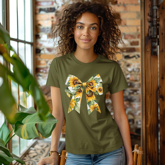 Autumn Sunflower Bow T Shirt Cute Flower Graphic Loose Tees Crew Neck Short Sleeve Casual Tops