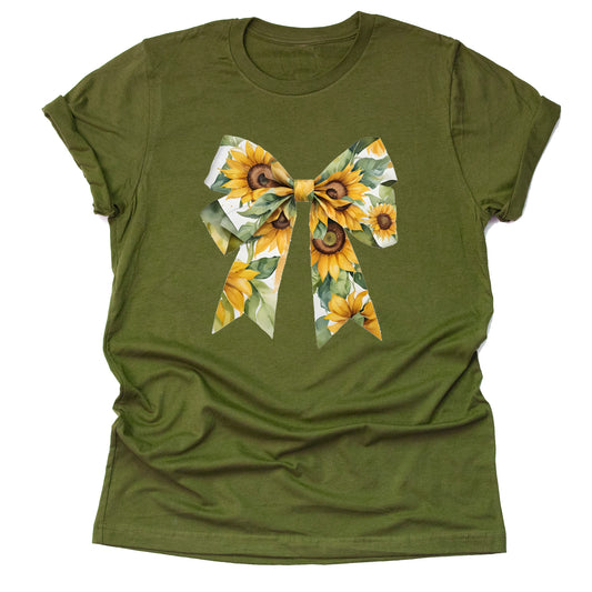 Autumn Sunflower Bow T Shirt Cute Flower Graphic Loose Tees Crew Neck Short Sleeve Casual Tops