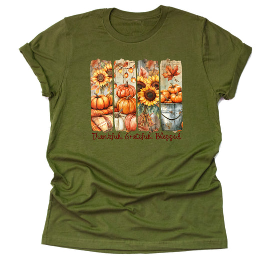 Thankful Grateful Blessed Autumn Pumpkin T-Shirt – Thanksgiving Graphic Tee, Sunflower-Inspired Unisex Short Sleeve