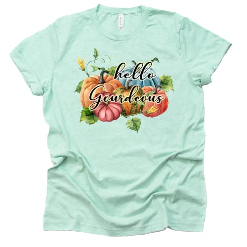 Hello Gourdeous Shirt Stacked Pumpkins T Shirt Thankful Printed T-Shirt Casual Thanksgiving Christian Tee Tops