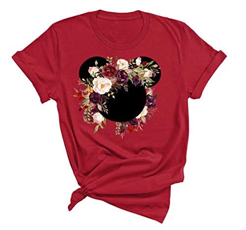 Womens Mickey Flower Shirt, Floral Burgundy Wreath T-Shirt Adult Women Ladies Boho Character Shirt