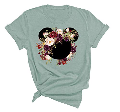 Womens Mickey Flower Shirt, Floral Burgundy Wreath T-Shirt Adult Women Ladies Boho Character Shirt