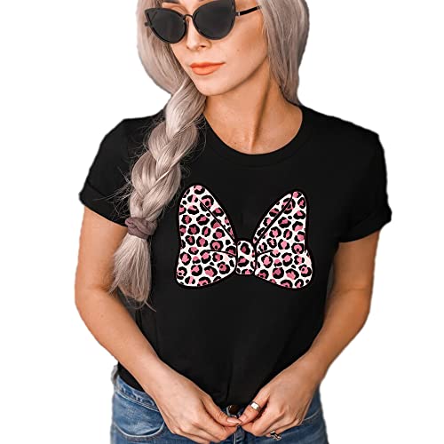 Womens Disney Minnie Mouse Leopard Print Bow, Animal Kingdom Shirt, Safari Shirt Casual Short Sleeve Shirt