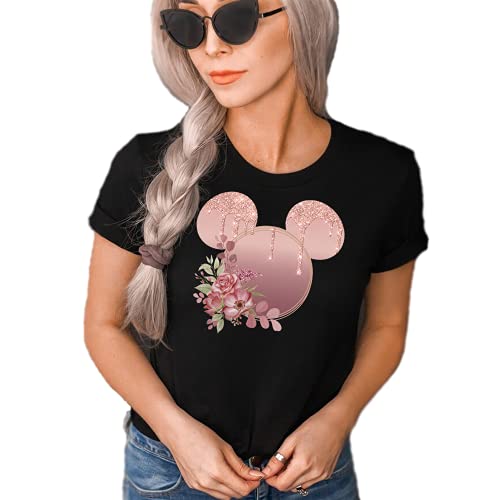 Women Teen Rose Gold Glitter Drip Mickey Ears with Flowers Shirt Unisex Floral Adult Ladies Boho Character Tshirt