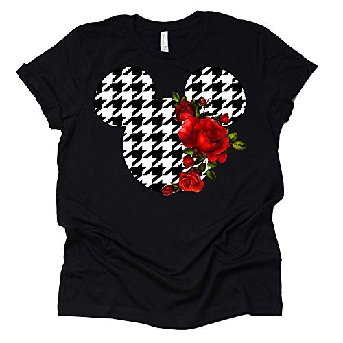 Women Teen Hounds Tooth Print Mickey Ears with Flowers Shirt Floral Adult Women Ladies Boho Character Tshirt