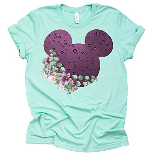 Women Teen Purple Raindrop Print Mickey Ears with Flowers Shirt Floral Adult Women Ladies Boho Character Tshirt