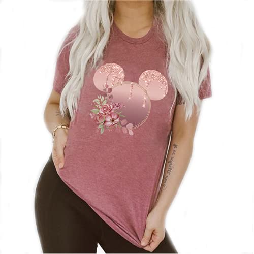 Women Teen Rose Gold Glitter Drip Mickey Ears with Flowers Shirt Unisex Floral Adult Ladies Boho Character Tshirt