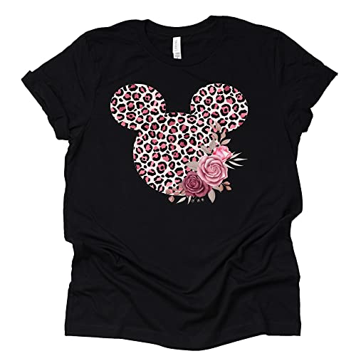 Women Teen Leopard Print Mickey Ears with Flowers Shirt Floral Adult Women Ladies Boho Character Tshirt