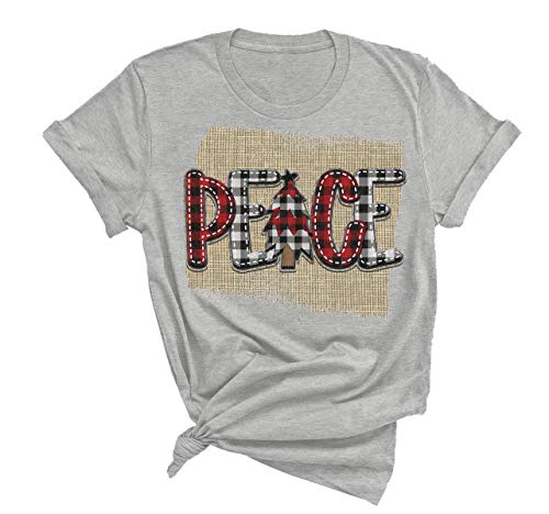 Women's Buffalo Plaid Tees Casual Short Sleeve Peace Letter Printed Graphic Blouse Tops