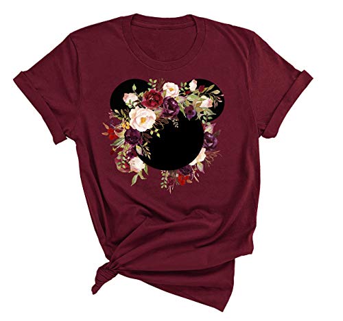 Womens Mickey Flower Shirt, Floral Burgundy Wreath T-Shirt Adult Women Ladies Boho Character Shirt