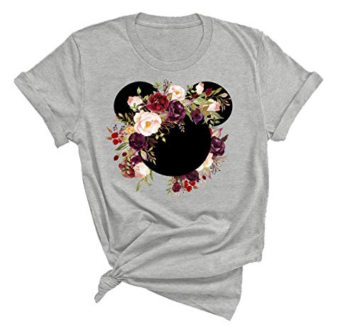 Womens Mickey Flower Shirt, Floral Burgundy Wreath T-Shirt Adult Women Ladies Boho Character Shirt