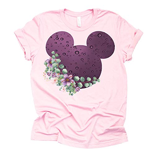 Women Teen Purple Raindrop Print Mickey Ears with Flowers Shirt Floral Adult Women Ladies Boho Character Tshirt