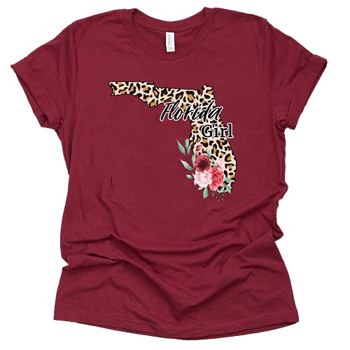 Florida Girl T-Shirt Leopard Floral Florida State Shirt, I Love Florida Home Tee Gift Short Sleeve Casual Blouse